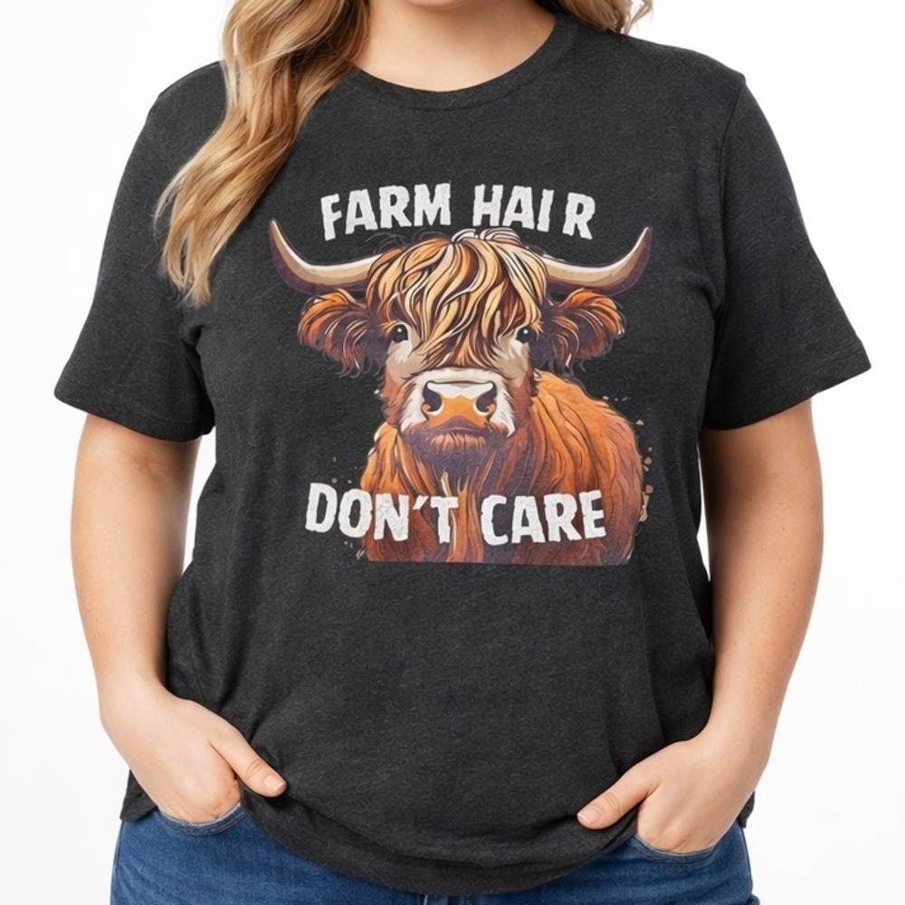 Bella Canvas Farm Hair Don't Care Highland Cow‎ Graphic T-Shirt Charcoal Large